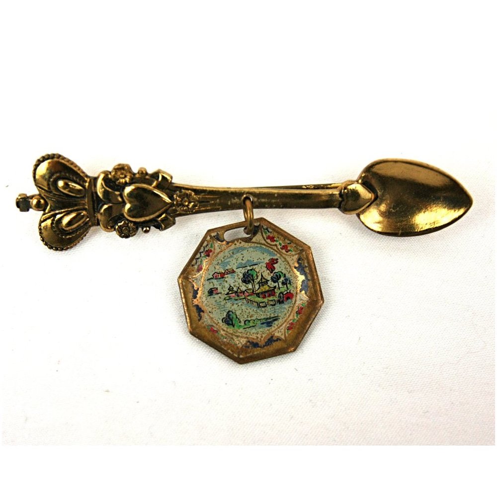 Vintage Coro Spoon and Plate Heart Royal Crown Top Gold Colored Pin Brooch 1950s